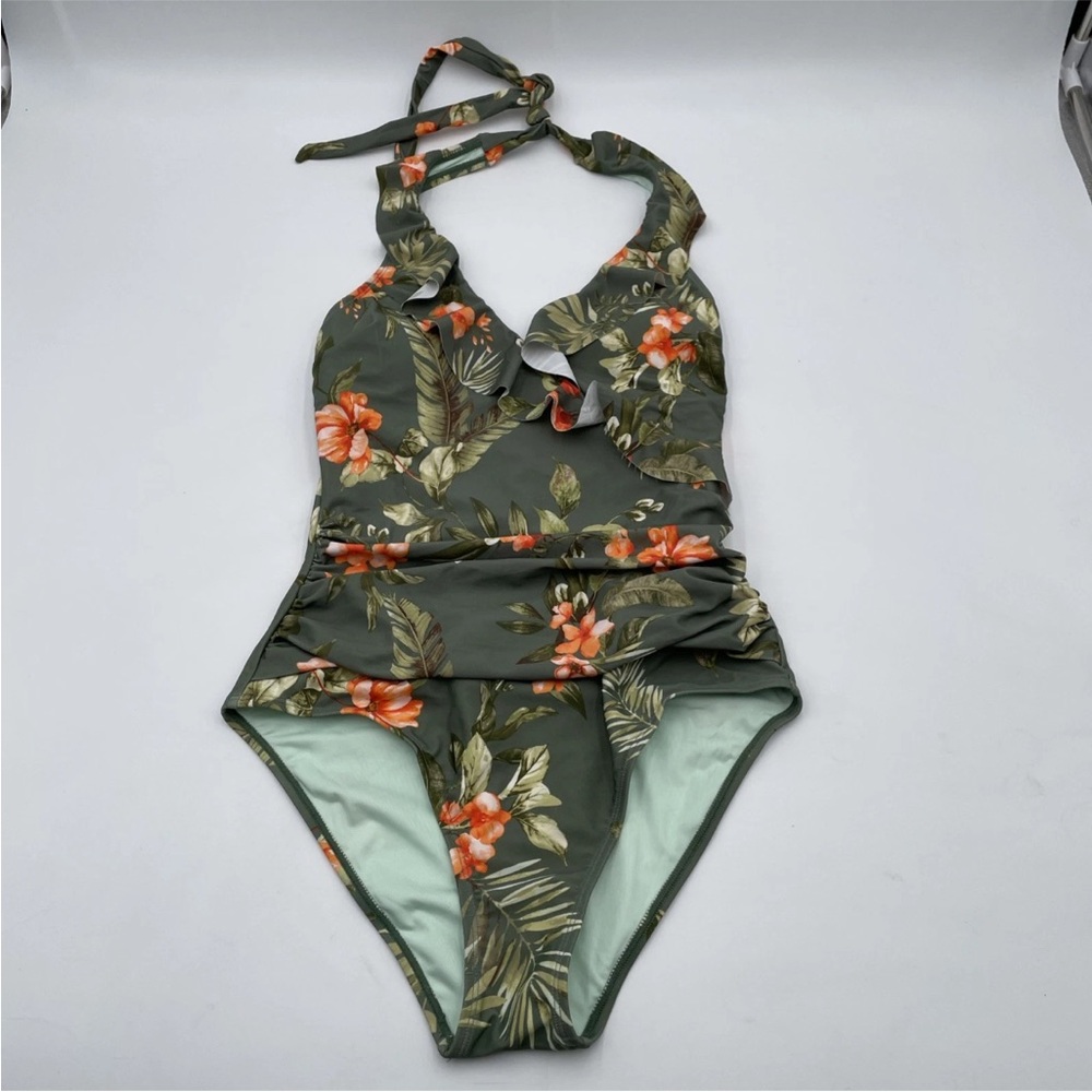 CUPSHE Floral Green One Piece Swimsuit 
V Neck Halter Tummy Control - Medium - Picture 2 of 13